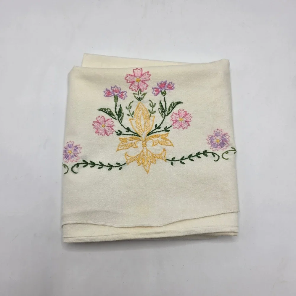 Vintage Pillowcase 90s Hand Embroidered Cream Floral Pink Purple Cottagecore Bed